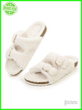 Womens Open Toe Faux Fur Slide Sandals Cork Footbed Double Strap Buckle EVA